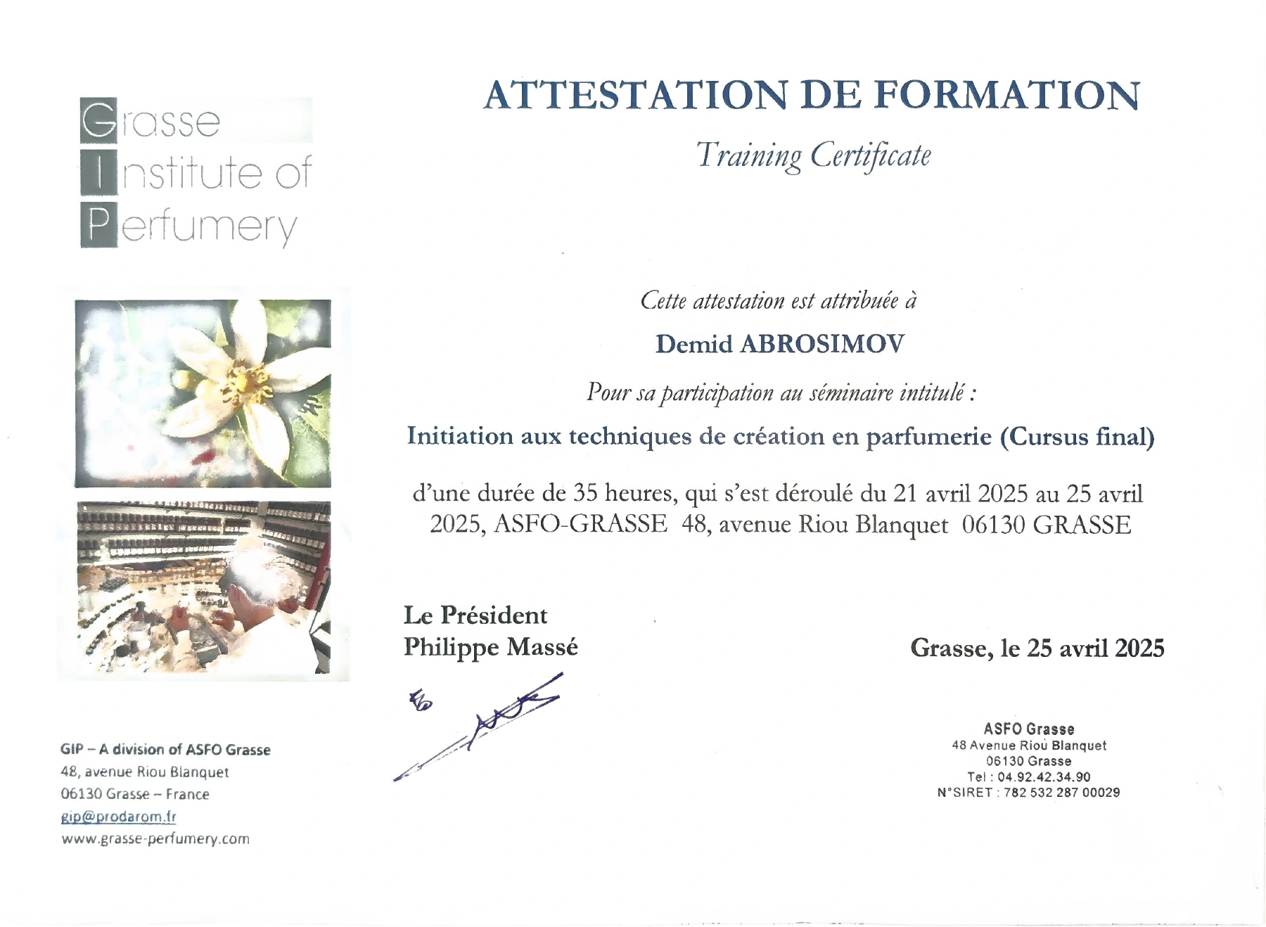 Диплом Grasse Institute of Perfumery на имя Demid Abrosimov